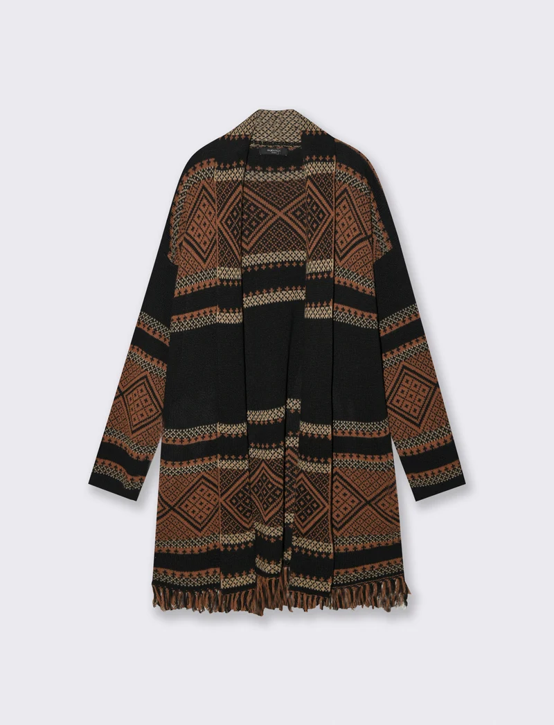 Maglia lunga jacquard modello spolverino - Nero