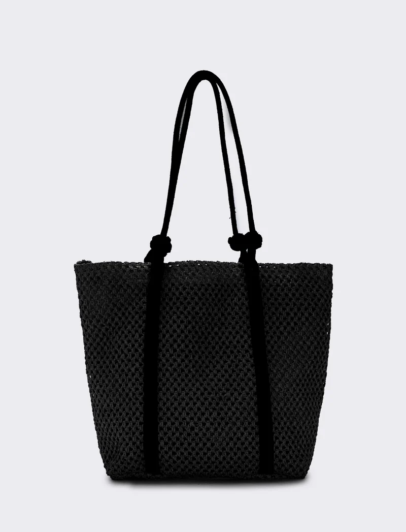Borsa shopper in paglia con manico in corda - Nero