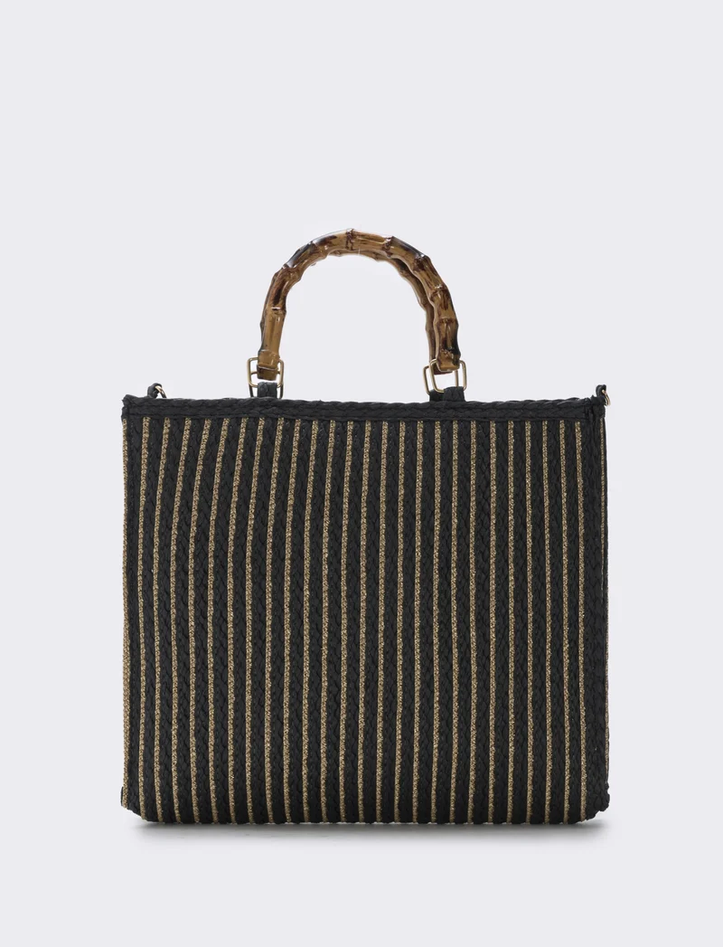 Borse in paglia lurex con manico bamboo - Nero