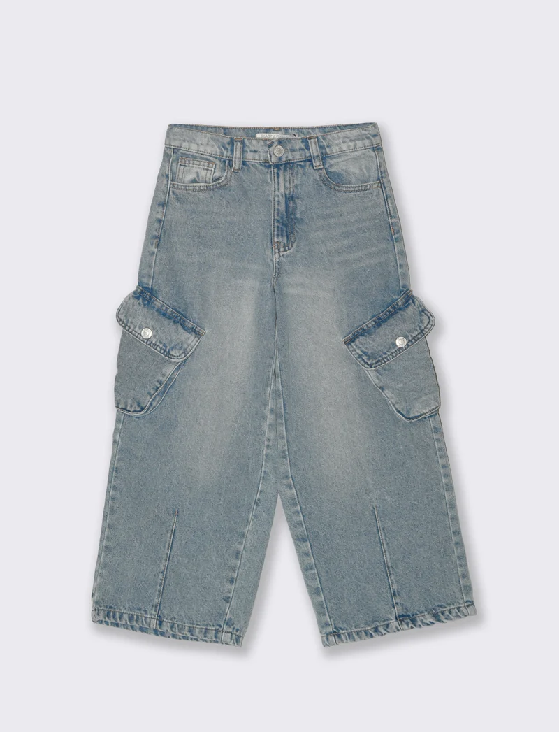 Jeans cargo ampi con tasconi laterali - Denim chiaro