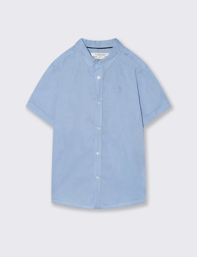 Camicia mezza manica tinta unita con ricamo - Azzurro