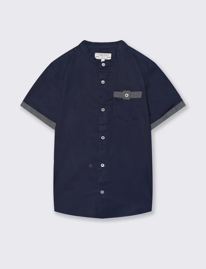 Camicia coreana mezza manica in cotone - Blu