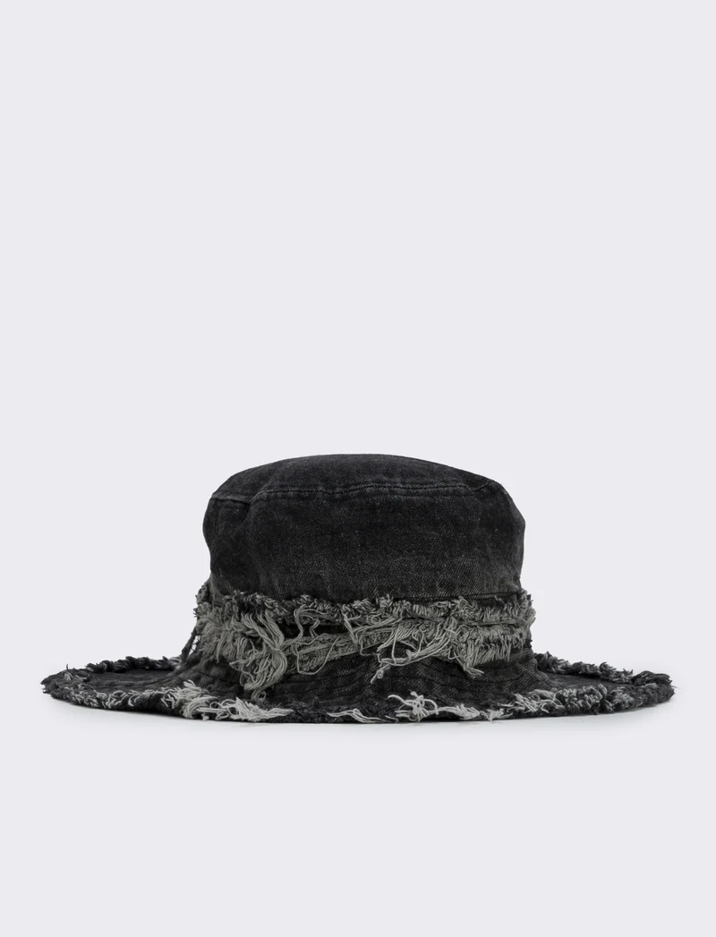 Cappello pescatore in denim sfrangiato - Nero