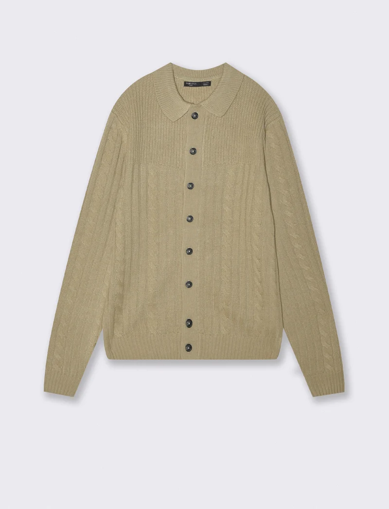 MAGLIA JACQUARD A TRECCE MODELLO POLO CARDIGAN - Beige