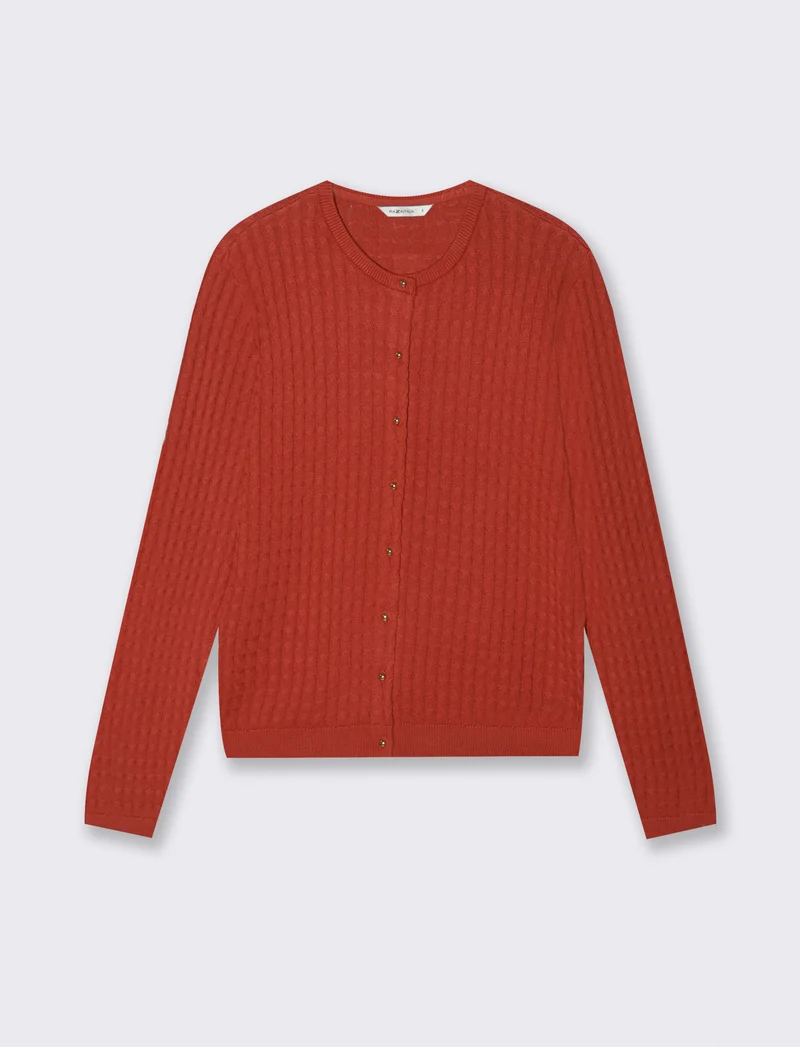 Cardigan a Treccia con Bottoni e Maniche Lunghe - Ruggine