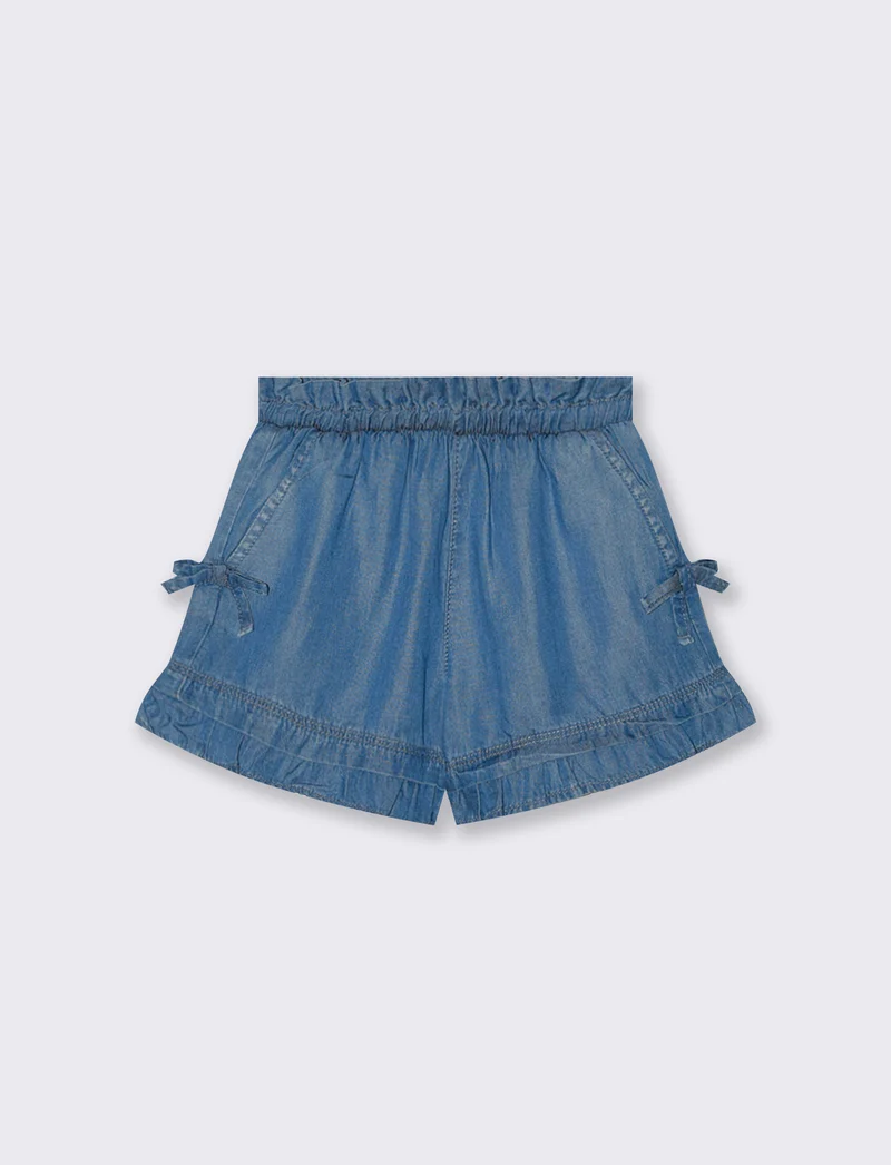Shorts in chambray con fiocchetti e rouche - Denim