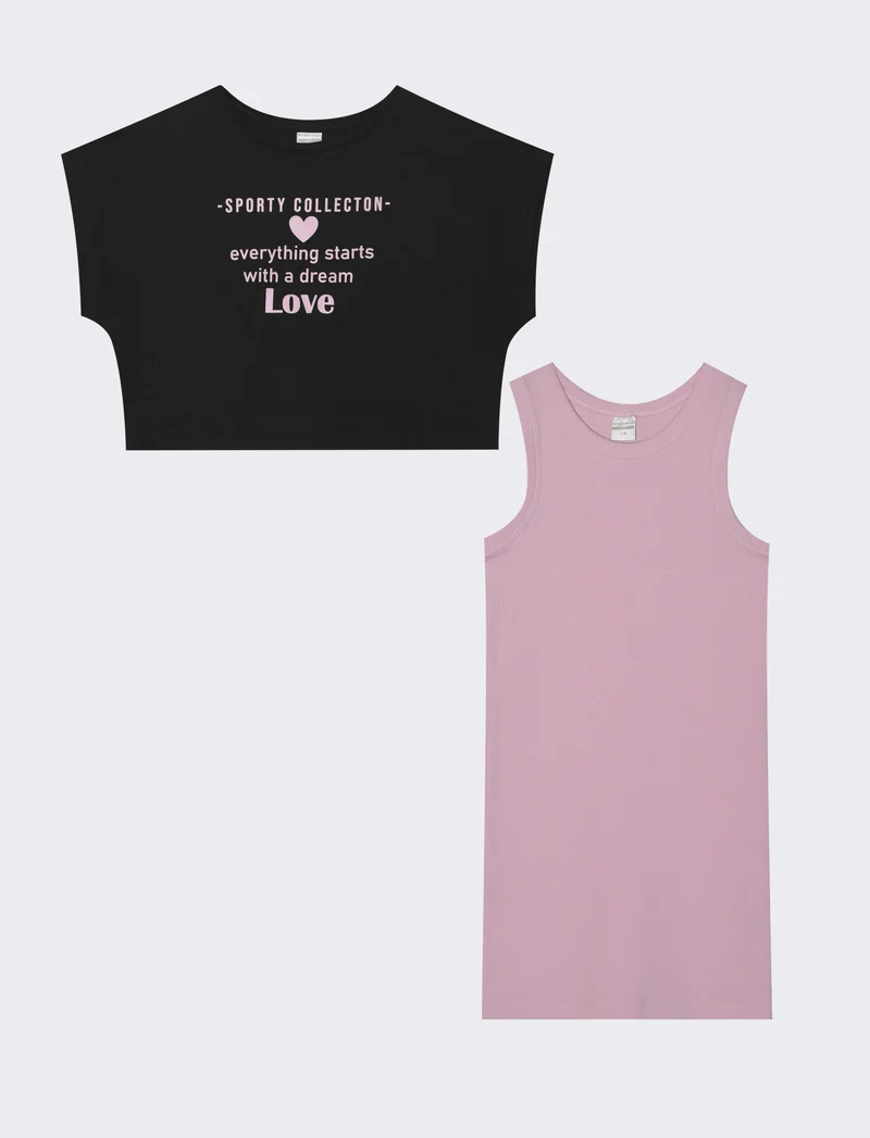 Set 2 pezzi: abito in rib e t-shirt cropped - Rosa