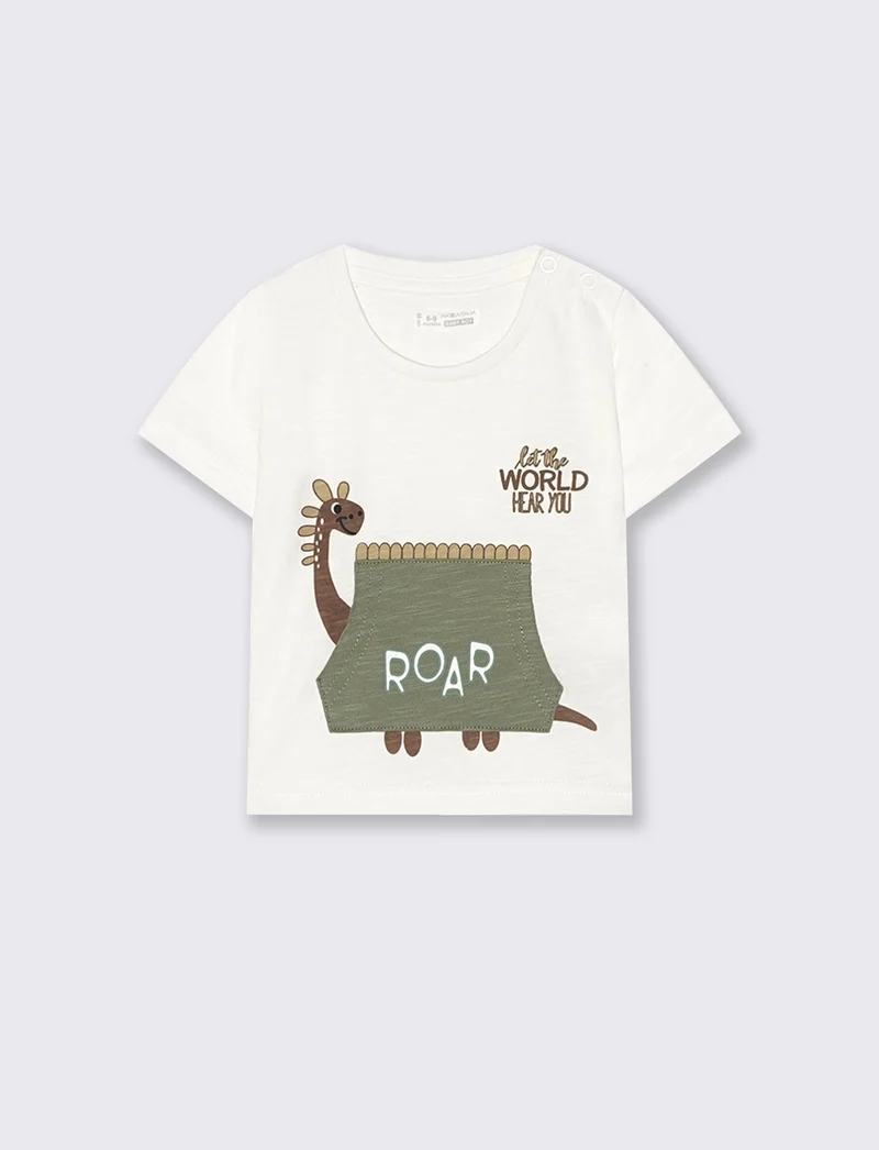 T-shirt estiva con dinosauro e tasca marsupio - Bianco latte