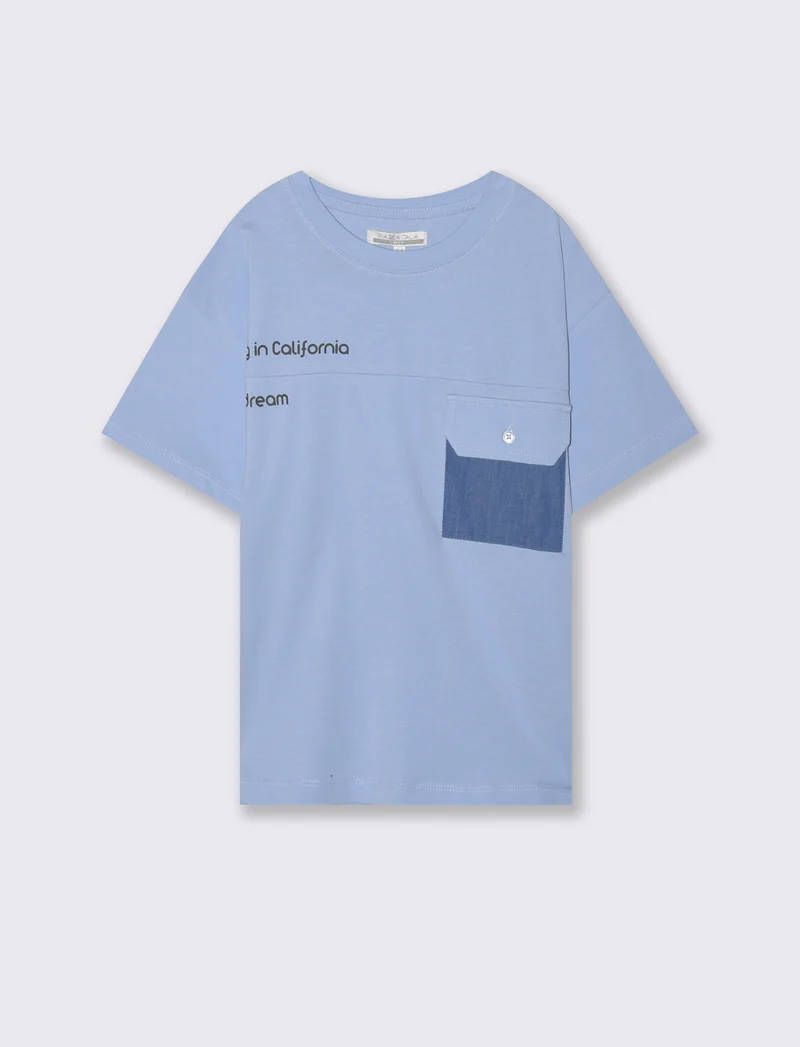 T-shirt giro collo con tasca in chambray - Azzurro