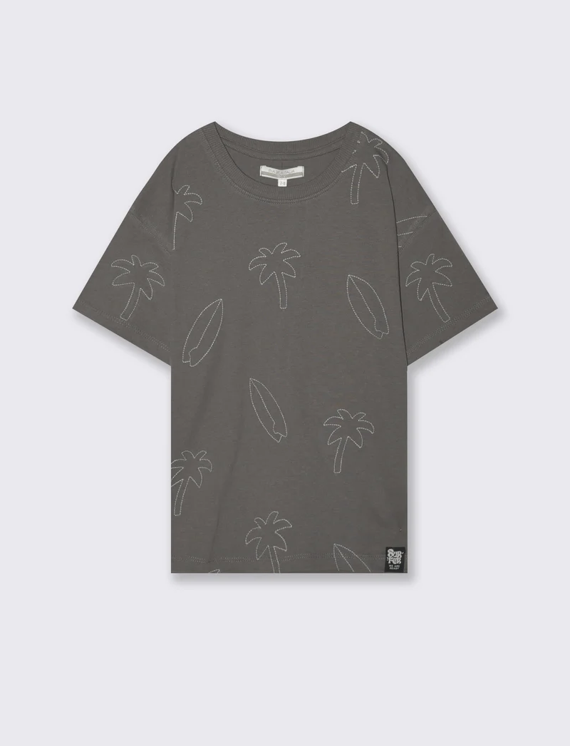 T-shirt mezza manica con ricami palme - Grigio
