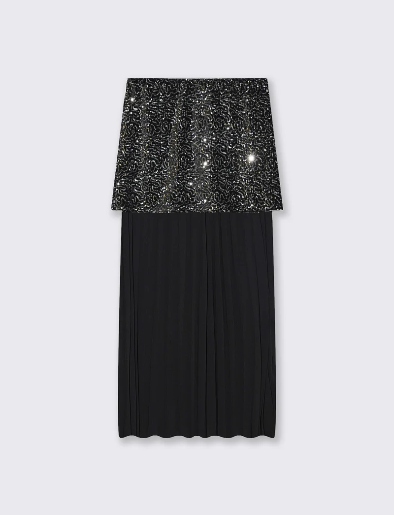 Gonna midi in paillettes e georgette - Argento