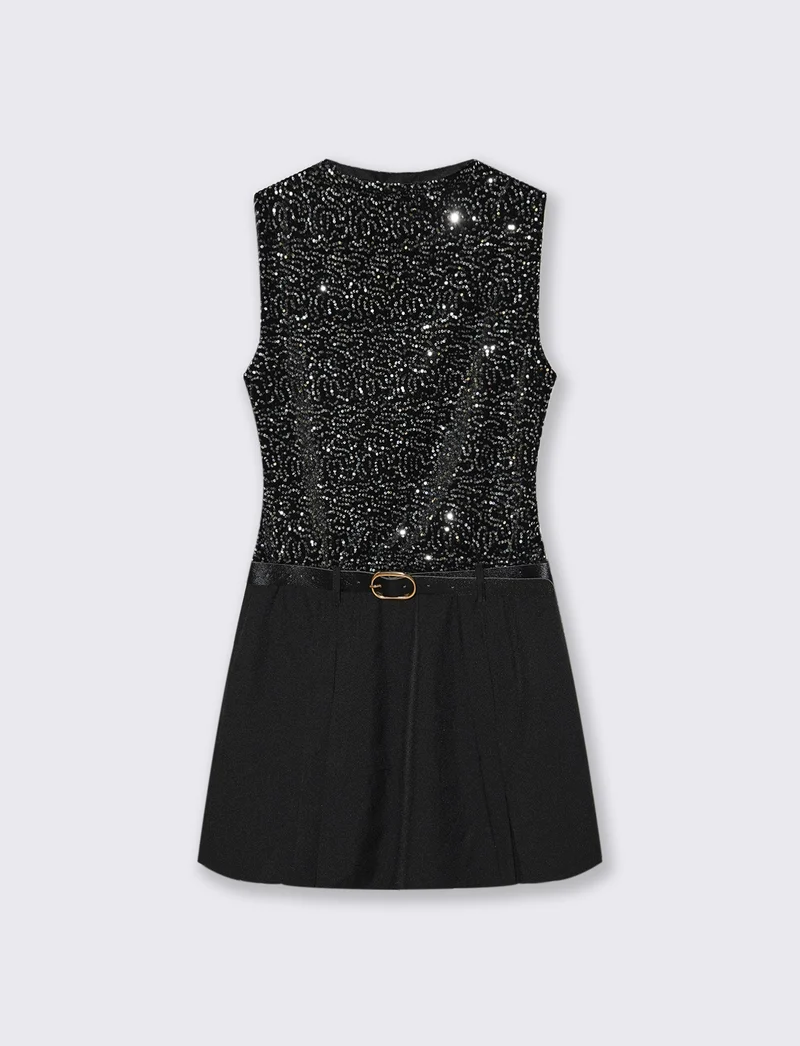 Vestito corto con cintura in doppio tessuto, paillettes e unito. - Nero-argento
