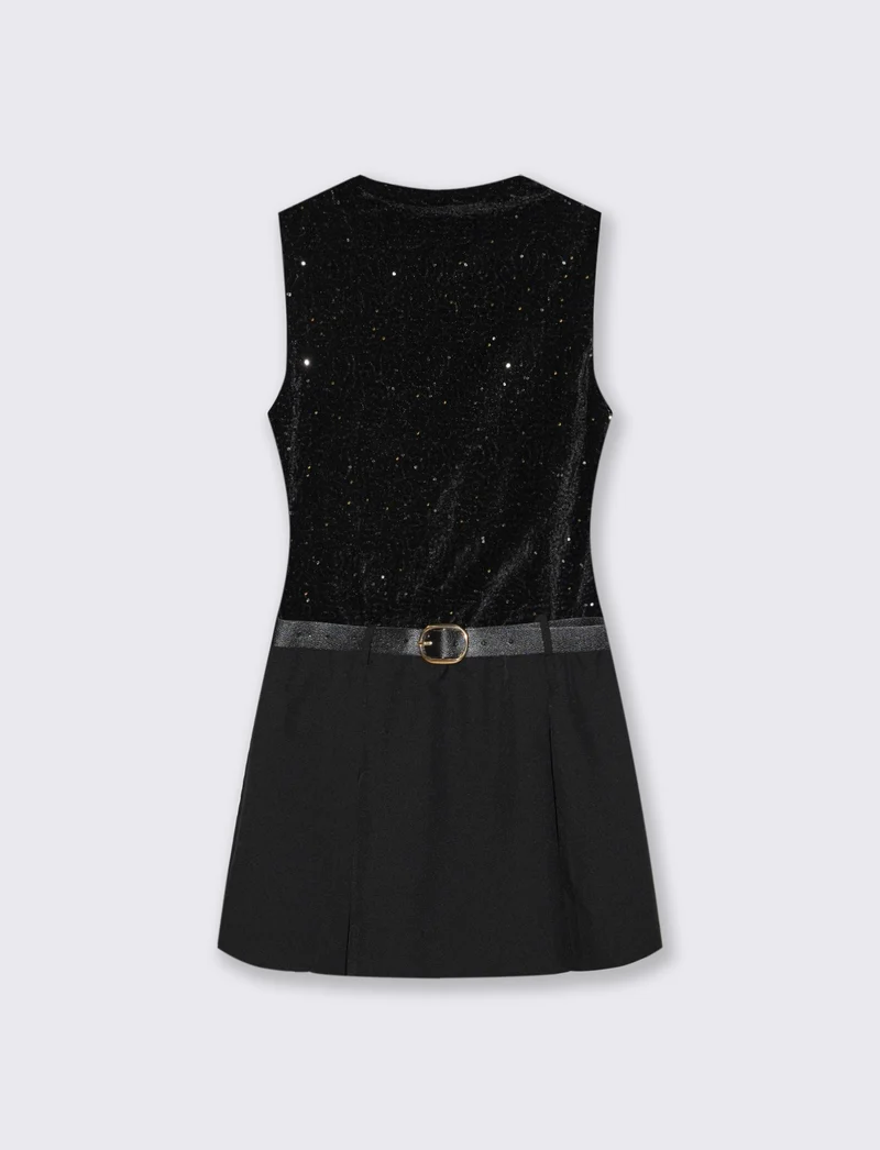 Vestito corto con cintura in doppio tessuto, paillettes e unito. - nero-nero