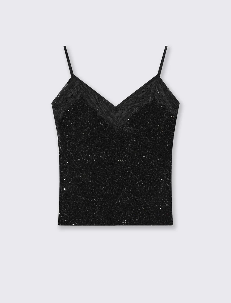 Top in paillettes e pizzo - Nero