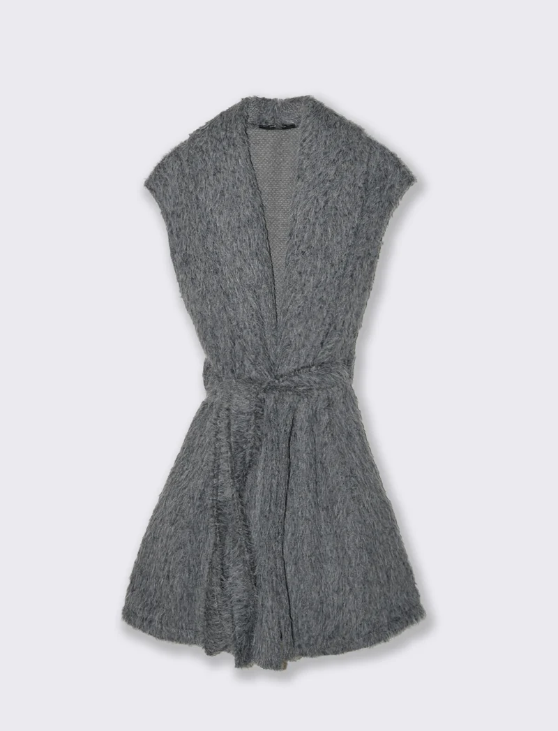 Smanicato con cintura in tessuto effetto pelo - Grigio