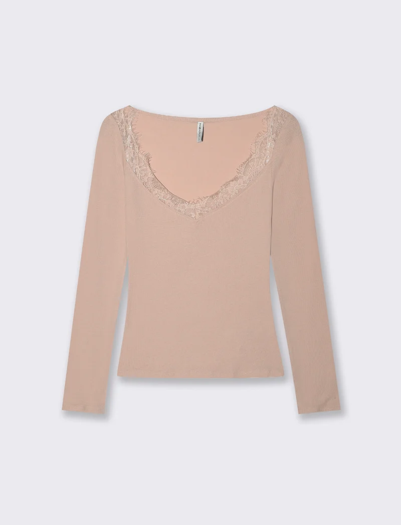 T-shirt con pizzo e scollo a V lungo - Rosa chiaro