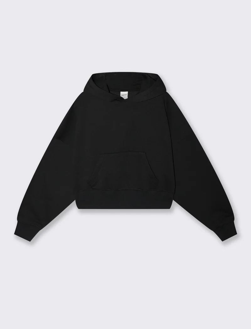 Felpa crop con cappuccio e tasca marsupio - Nero