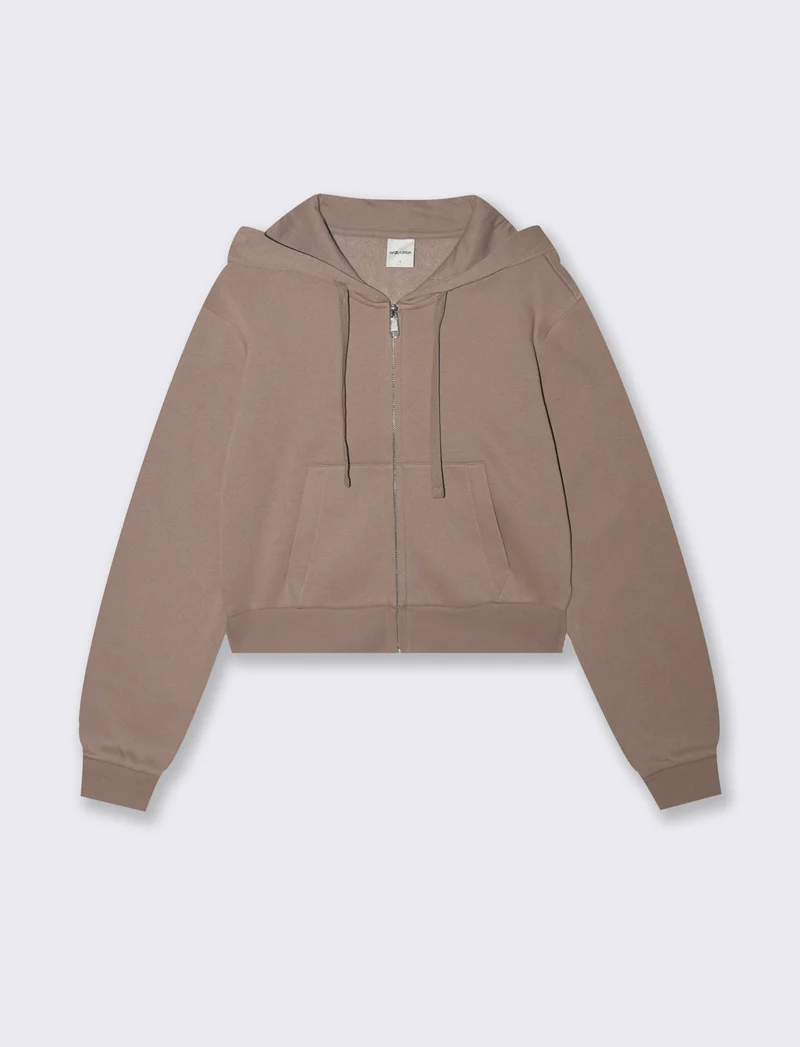 Felpa Crop con Cappuccio e Zip Frontale - Grigio tortora