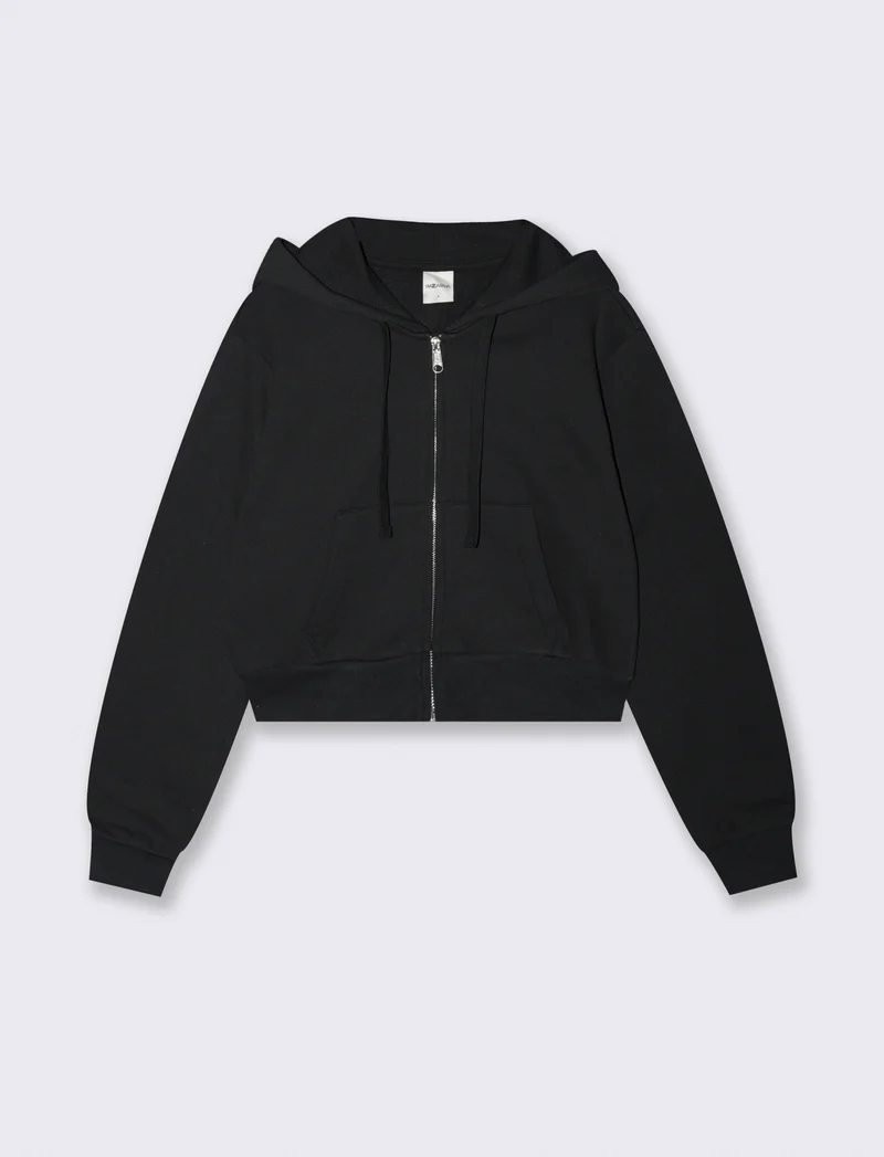 Felpa Crop con Cappuccio e Zip Frontale - Nero