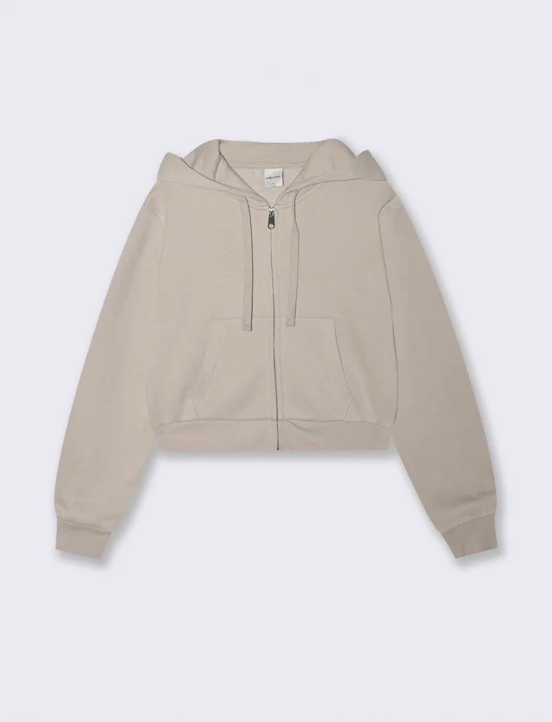 Felpa Crop con Cappuccio e Zip Frontale - Beige grano
