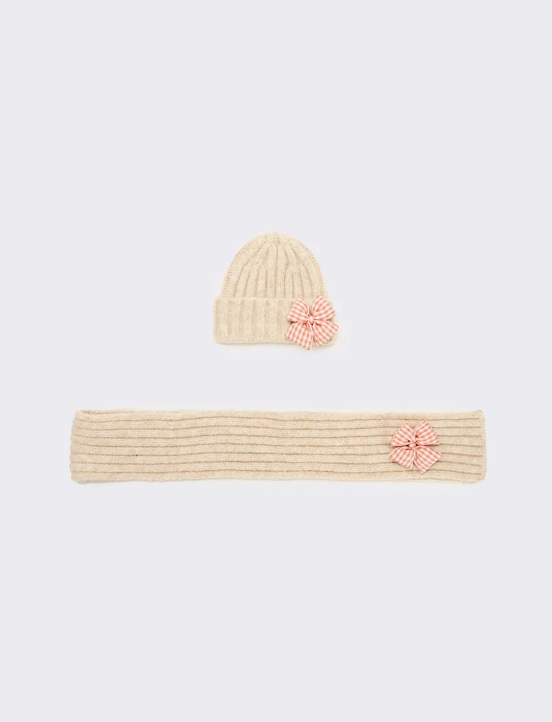 Set cappello e sciarpa con fiocco vichy - Bianco panna