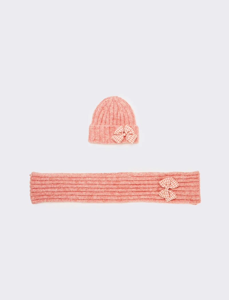 Set cappello e sciarpa con fiocco vichy - Rosa