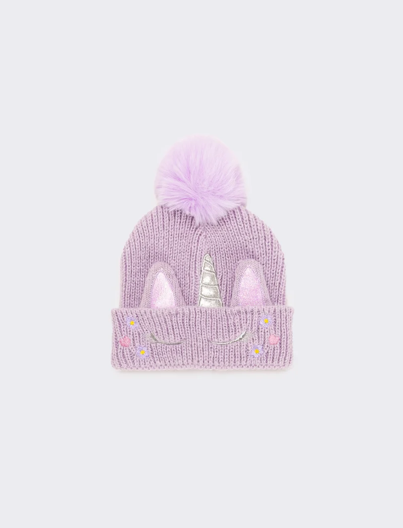Cappello con risvolto con unicorno e pon pon - Lilla