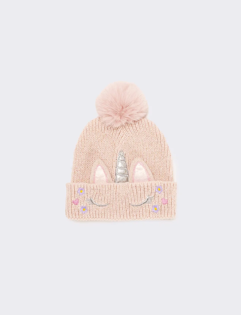 Cappello con risvolto con unicorno e pon pon - Rosa