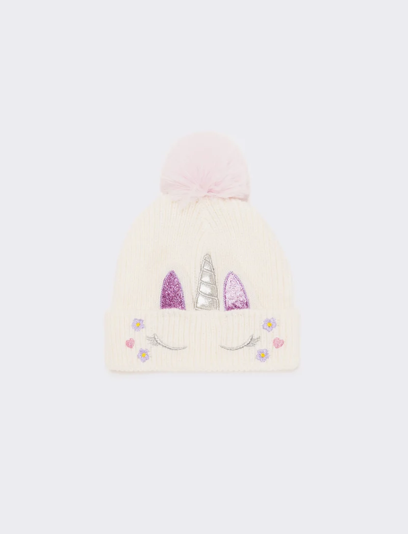 Cappello con risvolto con unicorno e pon pon - Bianco sporco