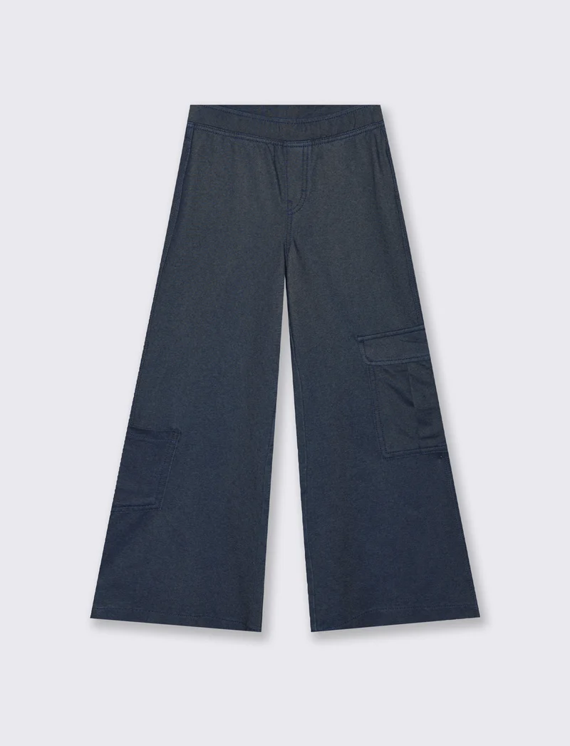 Pantaloni wide leg in finto denim elasticizzato - Denim