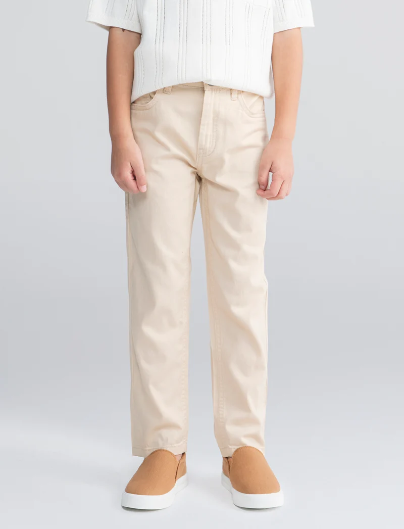 Pantaloni Regular in Cotone Elastico - Beige
