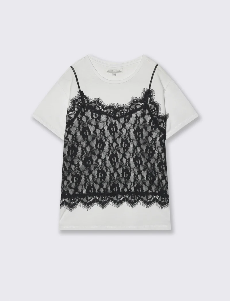T-shirt mezza manica con pizzo e paillettes - Bianco