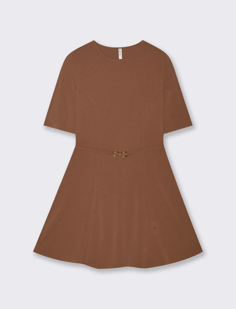 Vestito Manica Corta con Cintura - Marrone