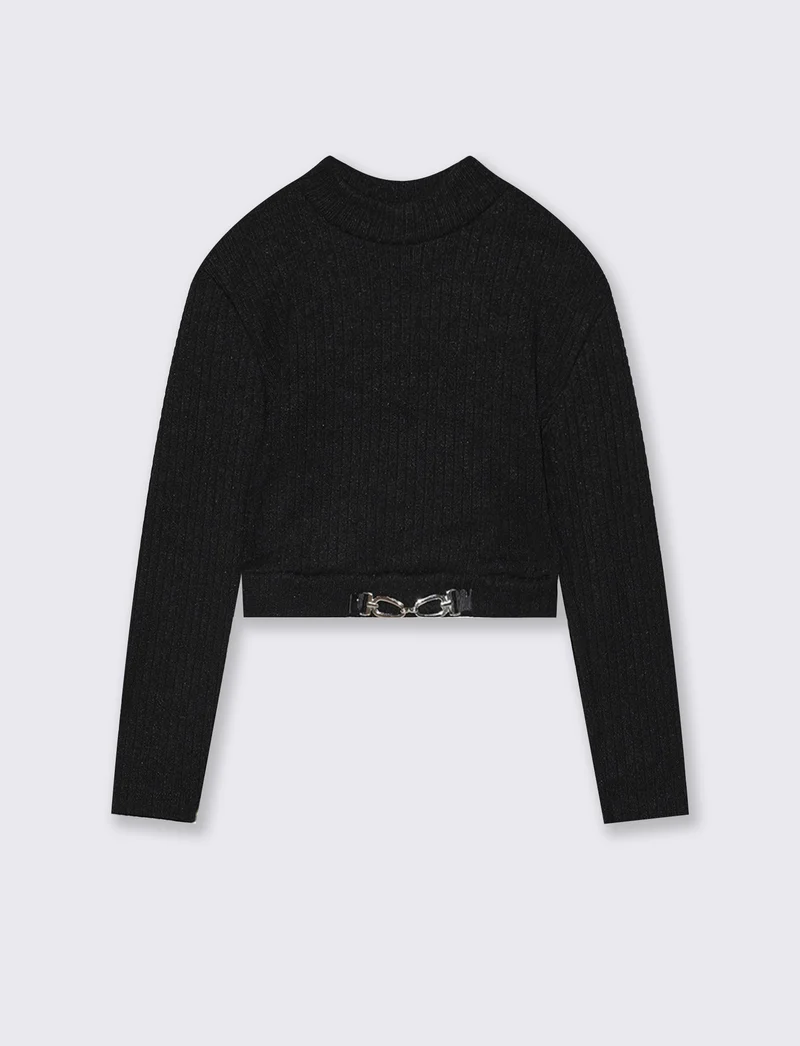 T-shirt manica lunga in maglia con accessorio decorativo. - Nero