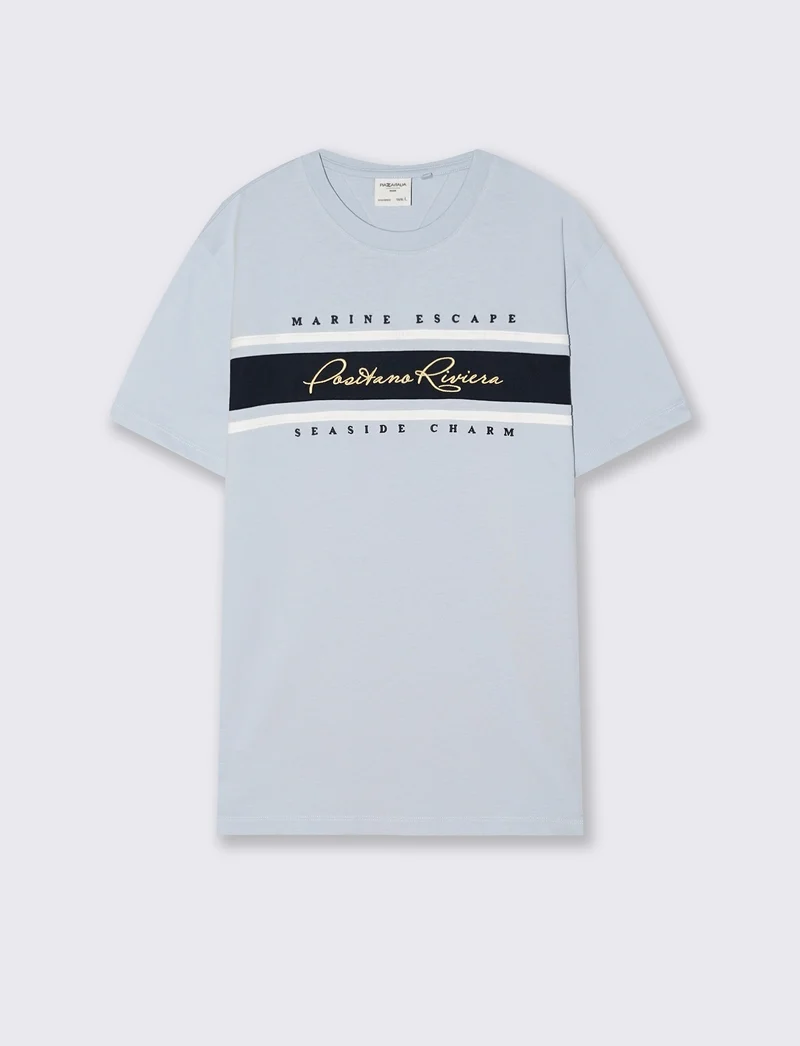 T-shirt con fascia e ricamo sul petto - Celeste polvere