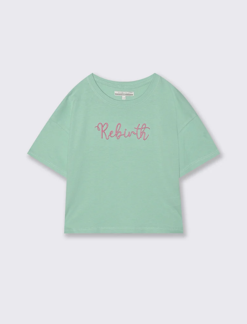 T-shirt mezza manica in cotone con ricamo - Verde acqua