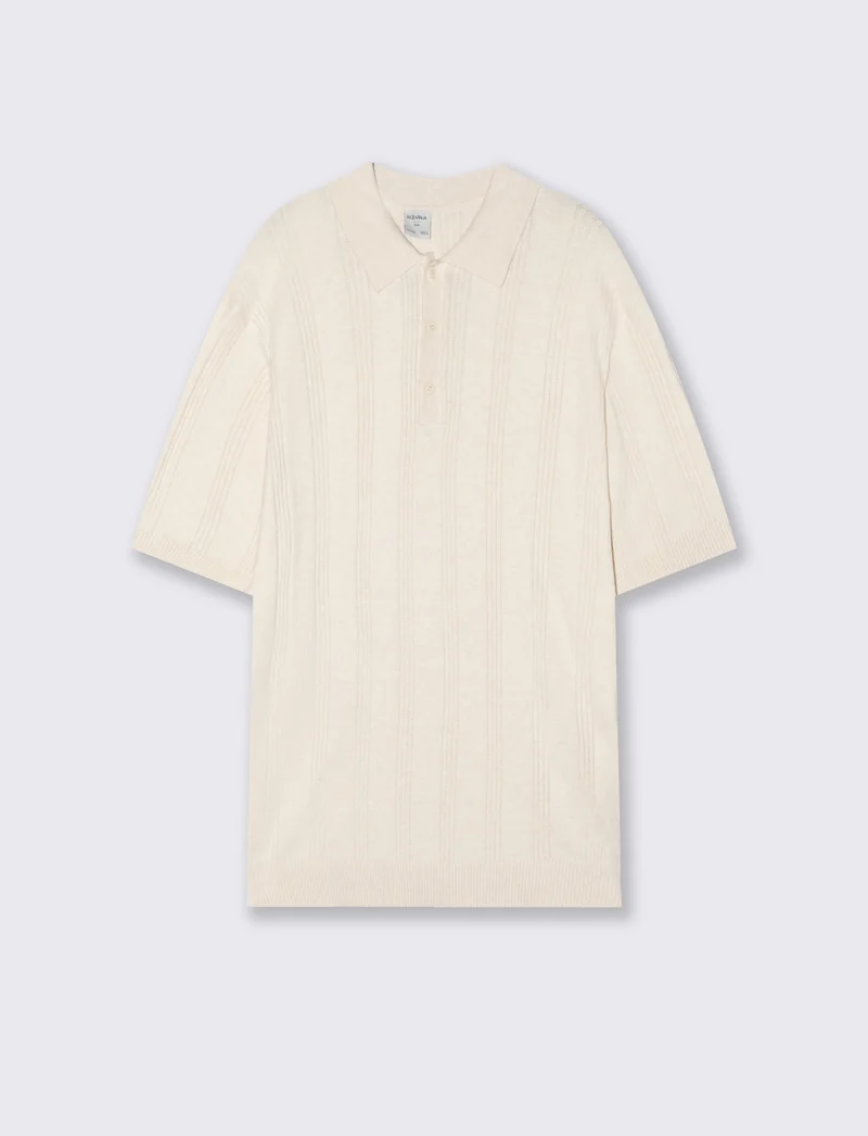 Polo in Maglia Jacquard a Maniche Corte - Beige ecru