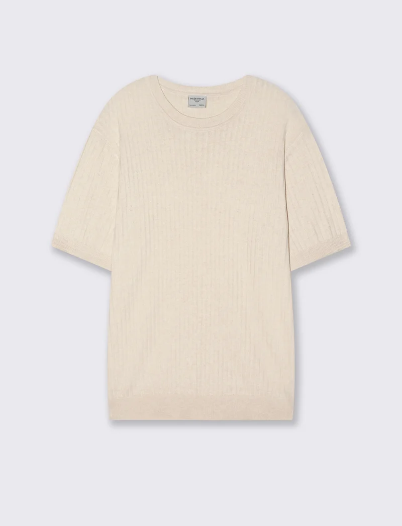 T-shirt girocollo in maglia a coste - Beige ecru
