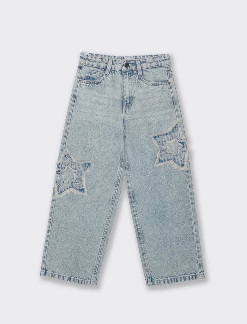 Jeans gamba larga con patch stella glamour - Denim