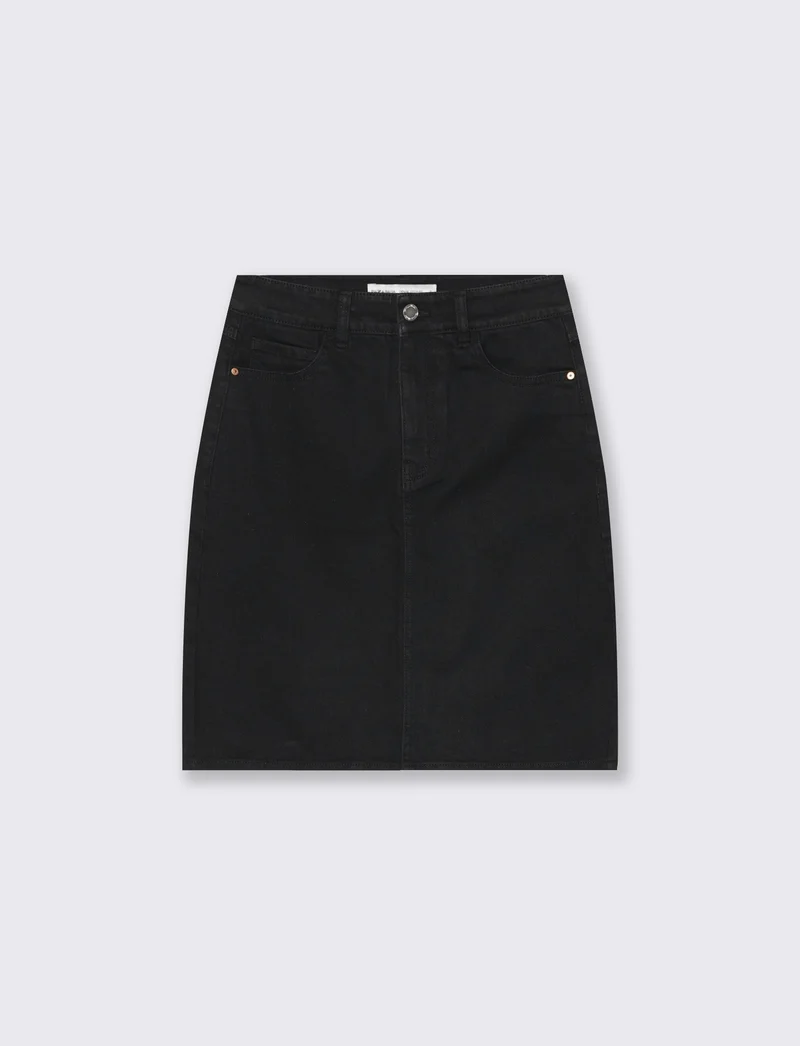 Longuette Denim con Spacco e Chiusura - Nero