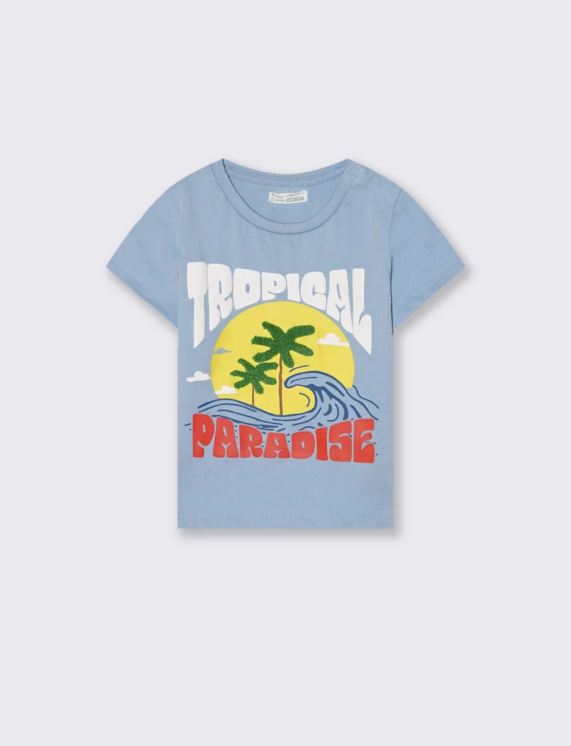 T shirt girocollo con stampa e ricamo - Azzurro