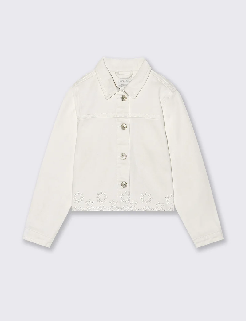 Giubbino in twill con ricamo traforato - Bianco latte