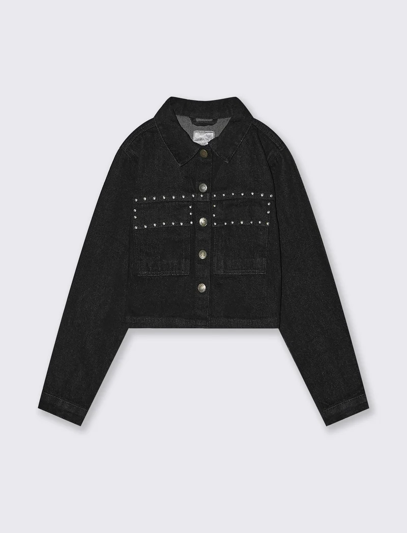 Giubbino denim cropped con borchie glamour - Nero