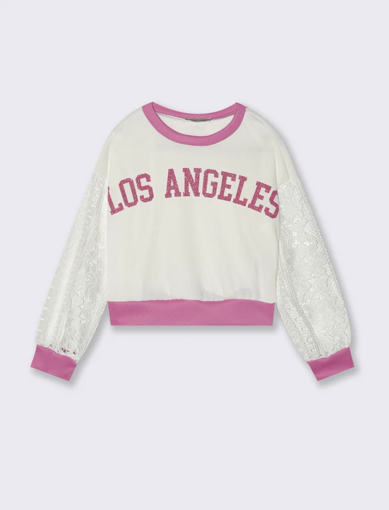 Felpa da bambina cropped con maniche lunghe in pizzo. - Bianco