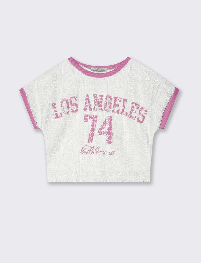 T-shirt da bambina con davanti in pizzo e stampa colorata. - Bianco