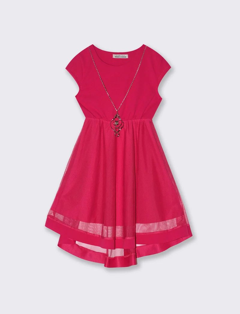 Abito da bambina svasato con balza in tulle - Fuxia