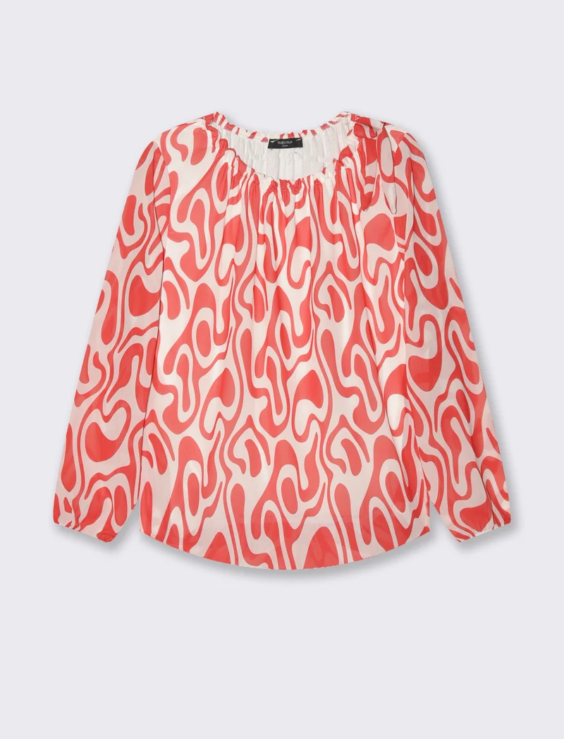 Blusa ampia in tessuto leggero con stampa e fiocco su una spalla. - Rosso
