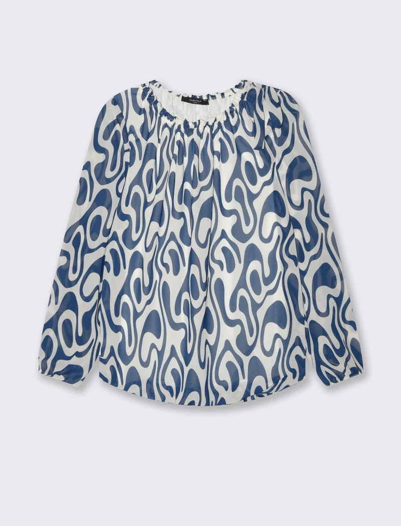 Blusa ampia in tessuto leggero con stampa e fiocco su una spalla. - Blu