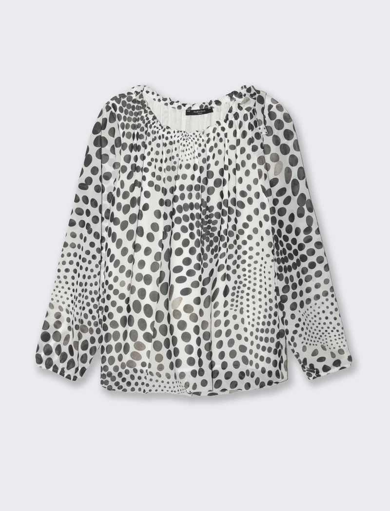 Blusa ampia in tessuto leggero con stampa e fiocco su una spalla. - Bianco-nero