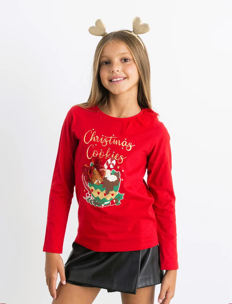 T-shirt natalizia a manica lunga. - Rosso